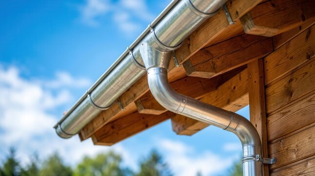 Metal rain gutter system and downspout installed on a wooden eave for roof drainage solution.