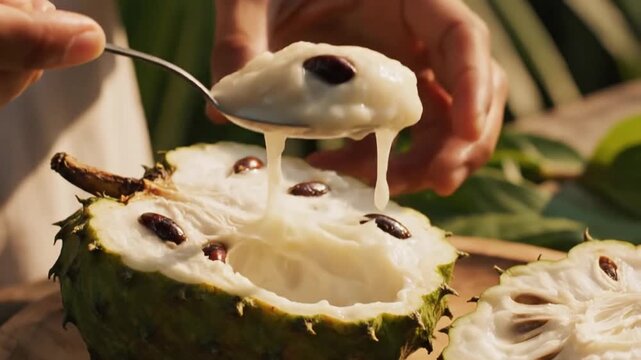 Soursop fruit being eaten with spoon, fresh ripe guanabana with white pulp and black seeds, tropical custard apple exotic food close up