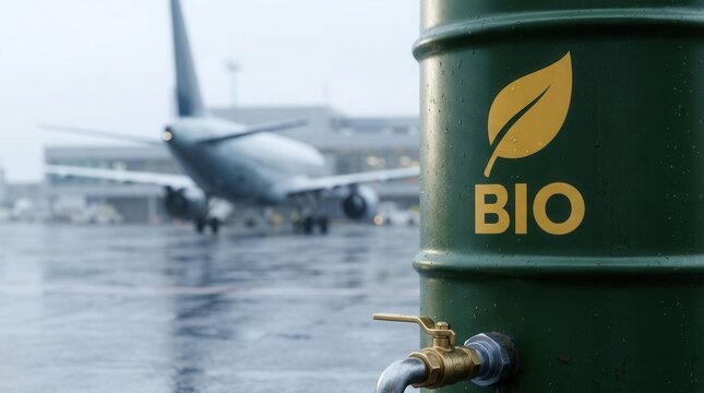 Sustainable aviation fuel in a green bio fuel drum at an airport.