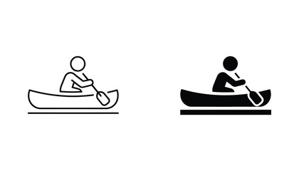 Canoe paddle icon with person rowing vector graphic in minimalist line art and solid black silhouette style for water sports branding © Eastern