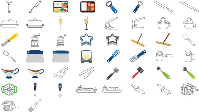 Professional Culinary Kitchen Tool Vector Icon Set Bundle featuring Oyster Knife, Pasta Maker Machine, and Pastry Brush Hand-Drawn Minimalist Line Art with Editable Stroke for Restaurant Branding