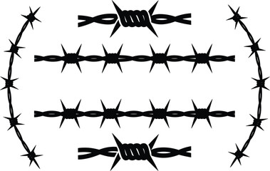 Fototapeta premium Barbed wire vector collection featuring sharp black silhouette fencing and security boundary design elements