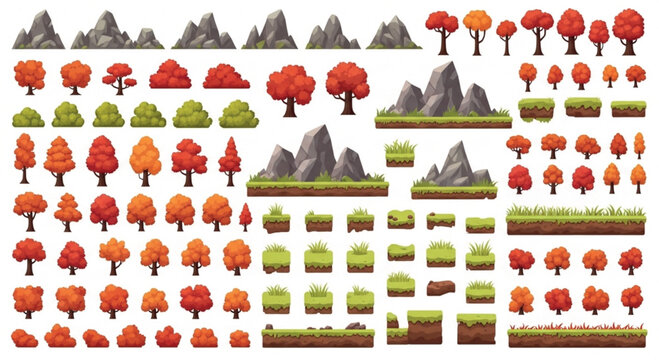 Autumn nature game assets kit, stylized red trees and mountain rocks vector set, fall forest landscape elements for 2D game design