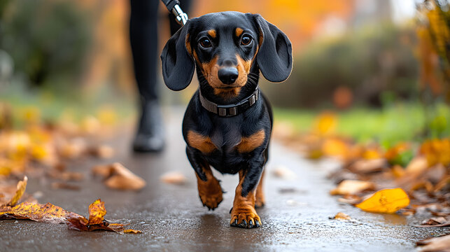 Small black and tan dachshund dog walking through fallen autumn leaves in a sunny park landscape
