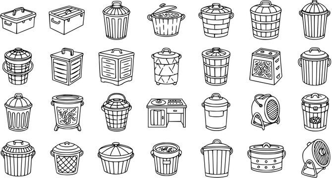 Household Waste Management  Storage Containers: Trash Cans, Recycling Bins, Composters, and Boxes - Black and White Line Art Icon Set