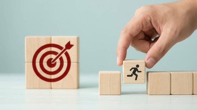 Teamwork success concept showing wooden cubes with running figures heading towards a target aim icon.