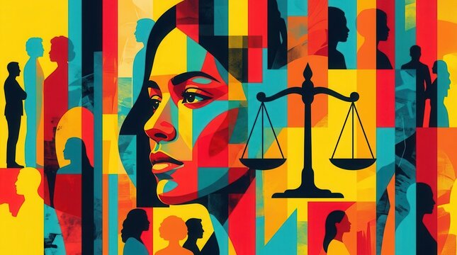 Abstract concept of women's rights featuring the scales of justice and gender equality.