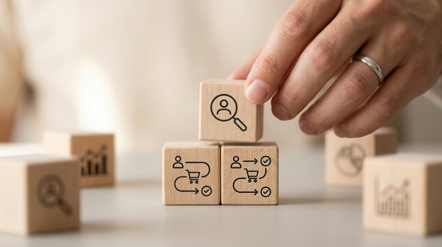 Customer behavior analysis concept using wooden blocks with customer journey and insight icons.