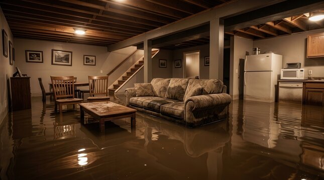 Flooded basement with furniture showing extensive water damage.