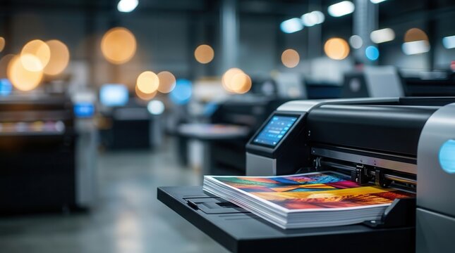Commercial printing setup with graphic production machinery and publishing industry infrastructure.