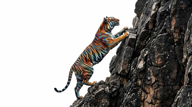 Vibrant colorful tiger climbing steep rocky cliff peak, creative wild animal hunting and exploring on mountain