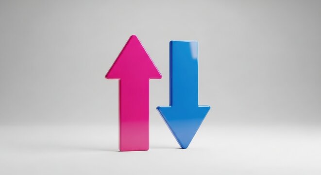 Pink up arrow and blue down arrow standing side by side on white background representing stock market fluctuations trends comparison change direction binary choices.