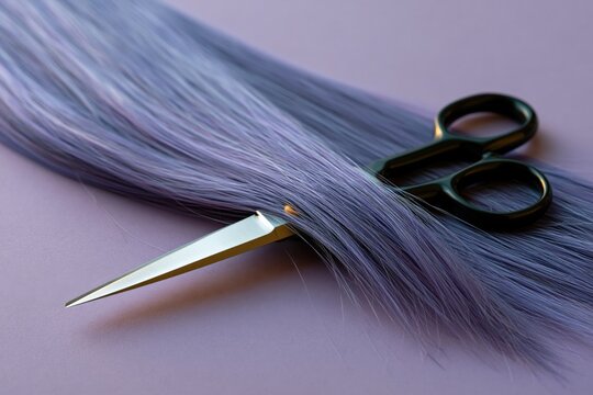 Black scissors piercing lilac hair on purple surface