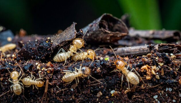 macro close-up of odontotermes termites swarming on damp soil and wood debris