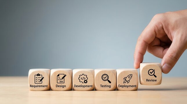 Hand holding a wooden cube with agile process symbols to demonstrate agile development methodology.