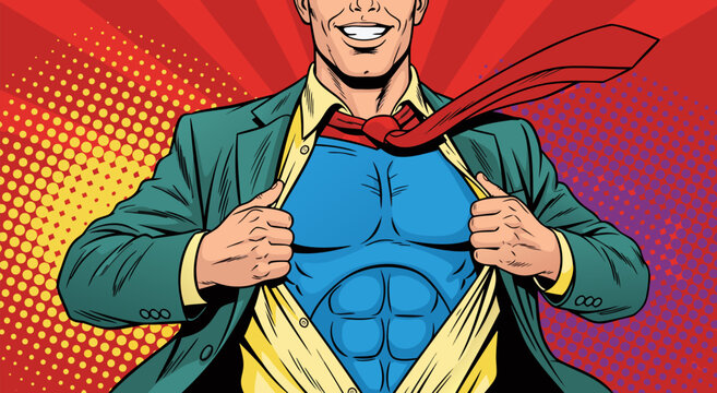 Dynamic vector illustration depicting a confident businessman revealing his powerful superhero alter ego, symbolizing hidden strength and success in the corporate world