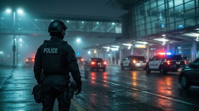 Transnational police unit strategically deployed at an airport terminal to prevent cross-border criminal activities.