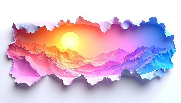ripped paper effect revealing a vibrant mountain landscape at sunset with warm orange and cool blue gradients, pixelated aesthetic