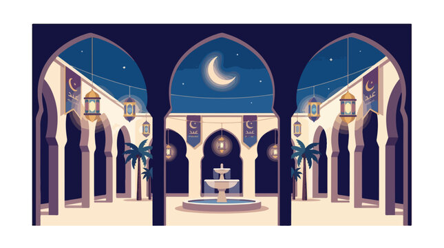 Islamic architecture courtyard with fountain and lanterns at night.