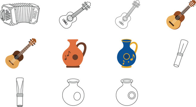 Minimalist Vector Icon Set of Traditional World Musical Instruments Including Udu Drum, Musical Jug, Reed Pipe, Bandoneon, Cavaquinho and Cuatro, Hand-Traced Collection with Editable Stroke Weight