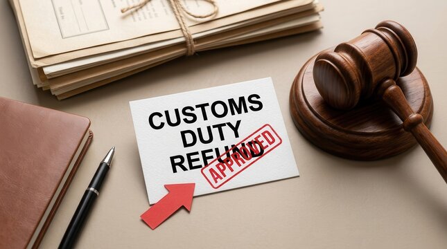 Customs duty refund approved official document with a judge gavel and legal files.