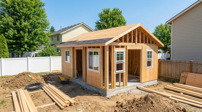 A small accessory dwelling unit being built in a suburban backyard.