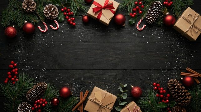 Dark and moody Christmas background with festive winter ornaments and pine cones.