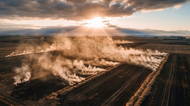 Aerial view of dry grass and old chaff burning on a farmland field at sunrise.