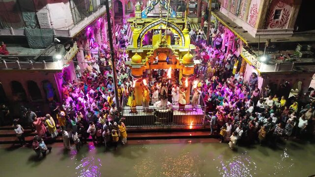 Aerial view of evening Yamuna Aarti at Vishram Ghat, Mathura, Uttar Pradesh, India