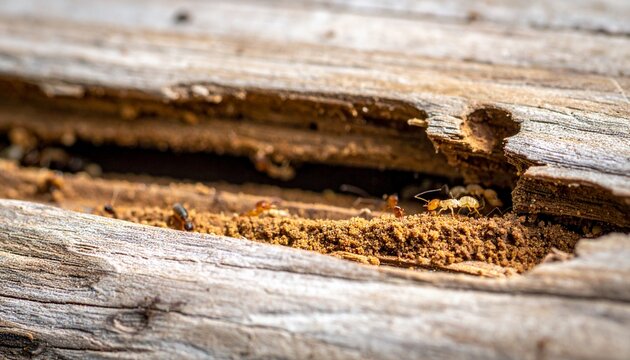 close-up of termite damage in wooden beam with natural sunlight