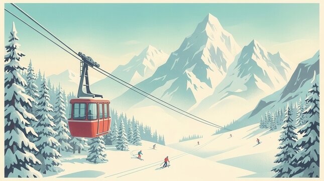 Vintage skiing poster featuring cable cars and snowy mountain slopes.