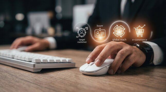 Businessman using a computer to analyze customer behaviors for a digital marketing strategy.