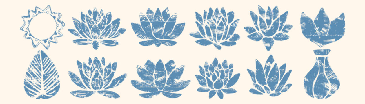 Blue linocut lotus flower set with sun and leaf elements in a rustic stamp style, perfect for organic branding, zen yoga designs, and minimal aesthetic projects with an engraved texture
