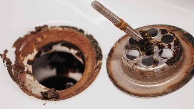 Dirty bathroom drain clogged with hair and dirt, mold. High quality 4k footage