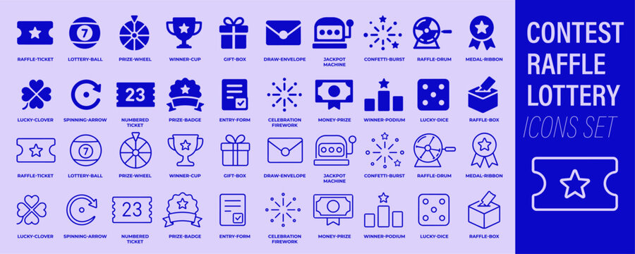 Contest raffle lottery icon set with prize wheels, winner cups, raffle tickets, jackpot rewards and lucky draw concepts in monochrome blue style