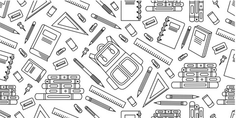 School supplies seamless pattern. School attributes seamless pattern. Student accessories repeat background. Back to school banner. Education doodle pattern background. © Predi