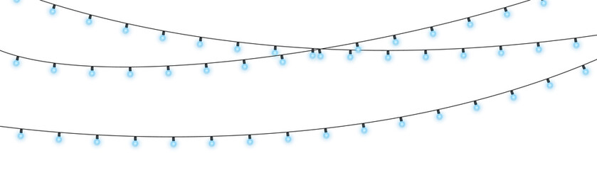Realistic blue garland string with glowing Christmas lights. LED lamps isolated on transparent background PNG. Festive holiday decoration for New Year party and winter season event decor. © Felicety
