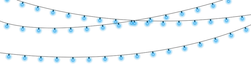 Obraz premium Vector blue Christmas lights and garland PNG. Blue light bulbs with sparkles for festive holiday decoration. LED lamps isolated on transparent background for party event and winter decor.