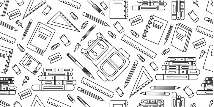 School supplies seamless pattern. School attributes seamless pattern. Student accessories repeat background. Back to school banner. Education doodle pattern background.