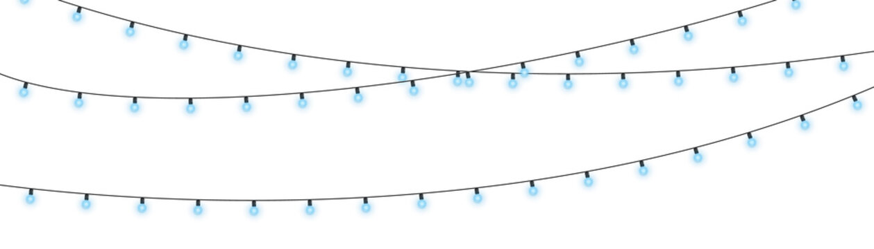 Realistic blue garland string with glowing Christmas lights. LED lamps isolated on transparent background PNG. Festive holiday decoration for New Year party and winter season event decor.