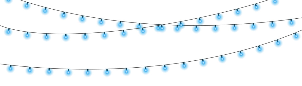 Vector blue Christmas lights and garland PNG. Blue light bulbs with sparkles for festive holiday decoration. LED lamps isolated on transparent background for party event and winter decor.