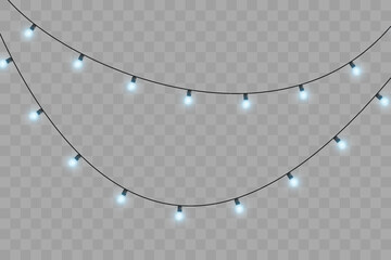 Vector blue Christmas garland and LED lamps. Glowing light bulbs isolated on transparent background for holiday decoration and party events. Festive winter season design element. © Felicety