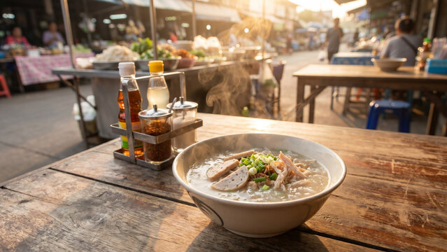 Steaming bowl of Khao Piak Sen noodle soup in morning