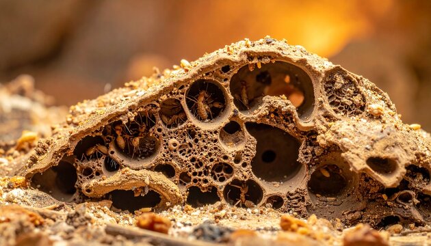 close-up termite mound interior with intricate tunnel structure and warm lighting