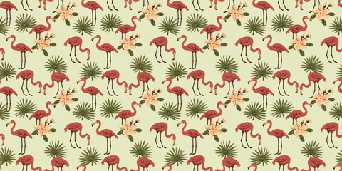 Seamless Pink Flamingo and Tropical Palm Leaf Pattern on Light Green Background for Summer Fashion and Coastal Home Decor © Deepak