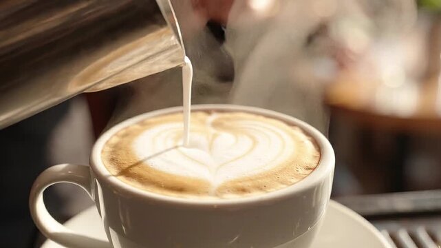 Pouring milk for heart latte art.