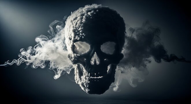 Dark and Eerie Skull with Wisps of Smoke on a Black Background.
