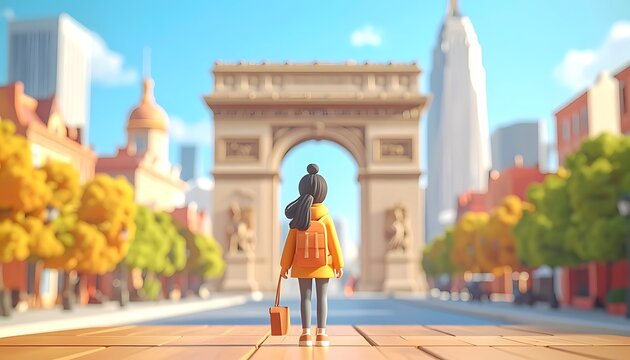 Pixelated traveler with backpack and suitcase facing grand archway, city street with autumn trees and buildings, vibrant colors, cubic style