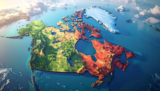 A colorful 3D map of Canada with varying terrain and ocean