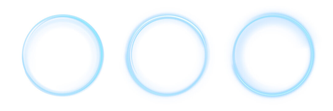 Set of four vibrant blue neon rings and glowing circular light trails. Isolated PNG image on transparent background for futuristic technology, digital art, and modern HUD design.